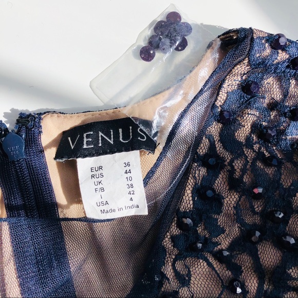 New Navy Long Lace Beaded Dress Long Sleeve - Picture 8 of 11